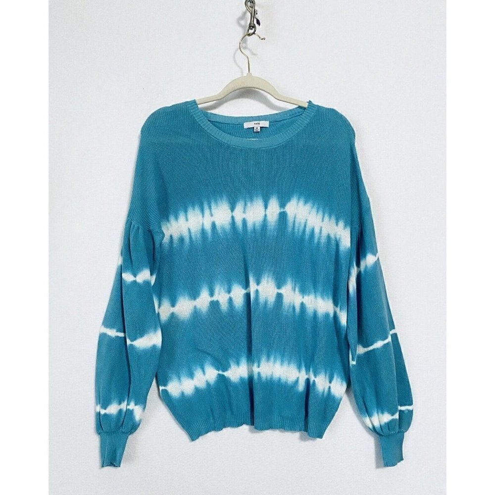 Fate Womens Medium Tie Dye Sweater Lightweight Puff Sleeve Open Back Blue Boho